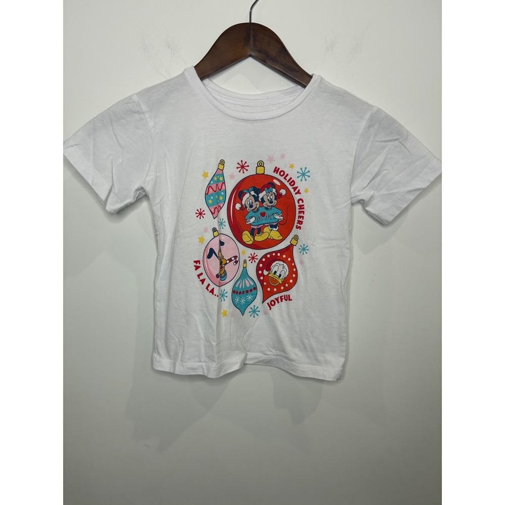 Disney Mickey and Friends Kids White Holiday Christmas Graphic T-Shirt XS 4/5
